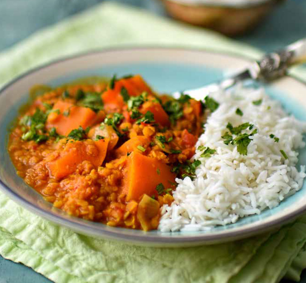Keralan style pumpkin and lentil curry