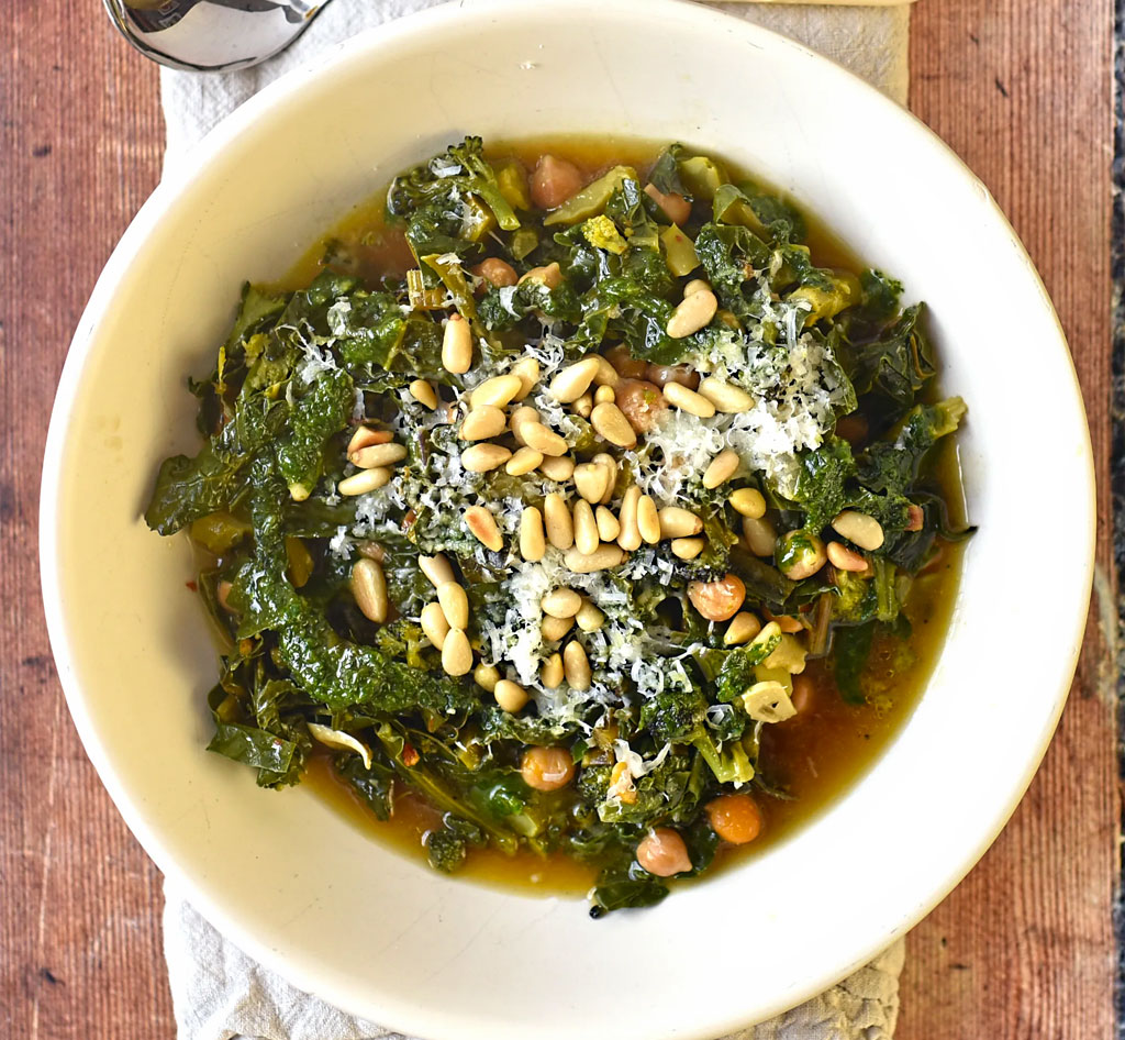 Chard, Broccoli and Chickpea Broth with Basil and Pine nuts