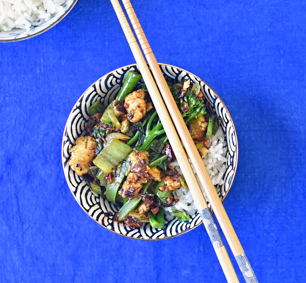 tofu pak choi and broccoli with vegan XO sauce