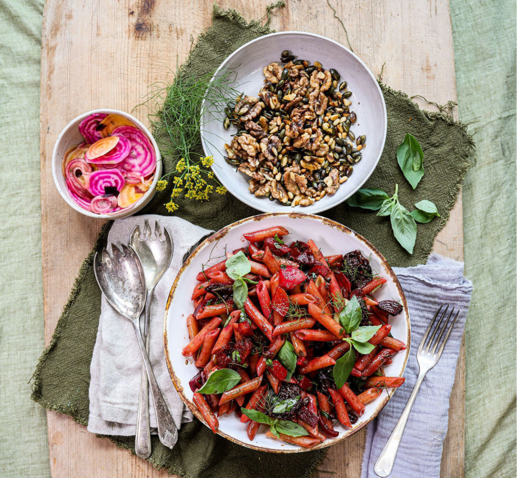Roasted Beetroot and Sun-dried Tomato Penne with Toasted Seeds and Pickles